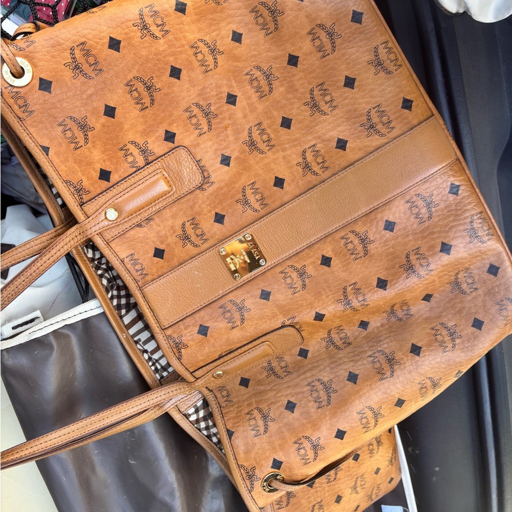 MCM Tan Leather Tote with Logo Pattern